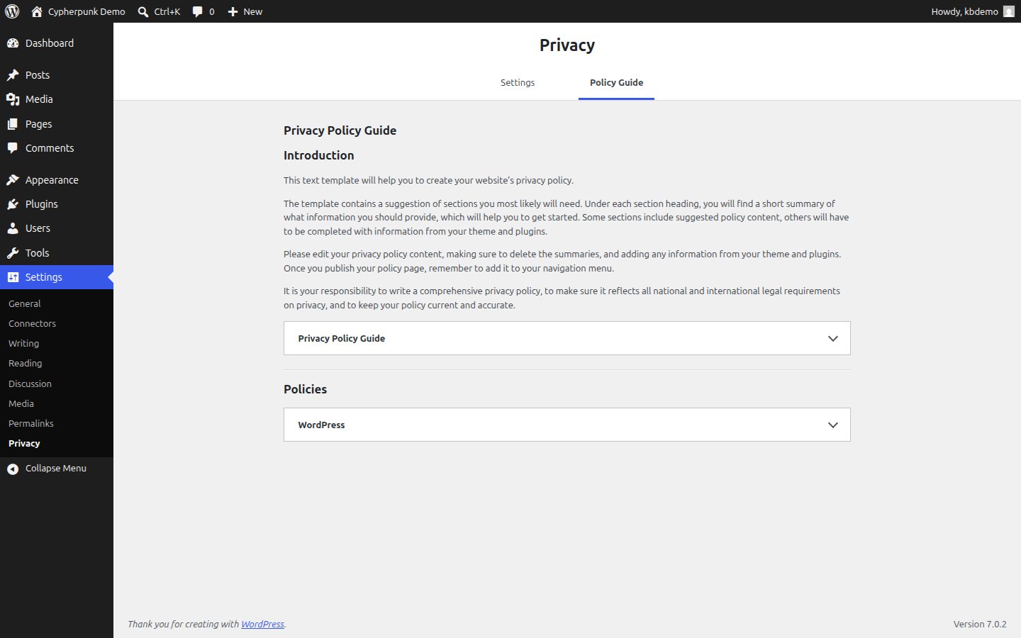 The Policy Guide tab on the WordPress Settings Privacy screen listing suggested privacy policy sections contributed by WordPress core and installed plugins