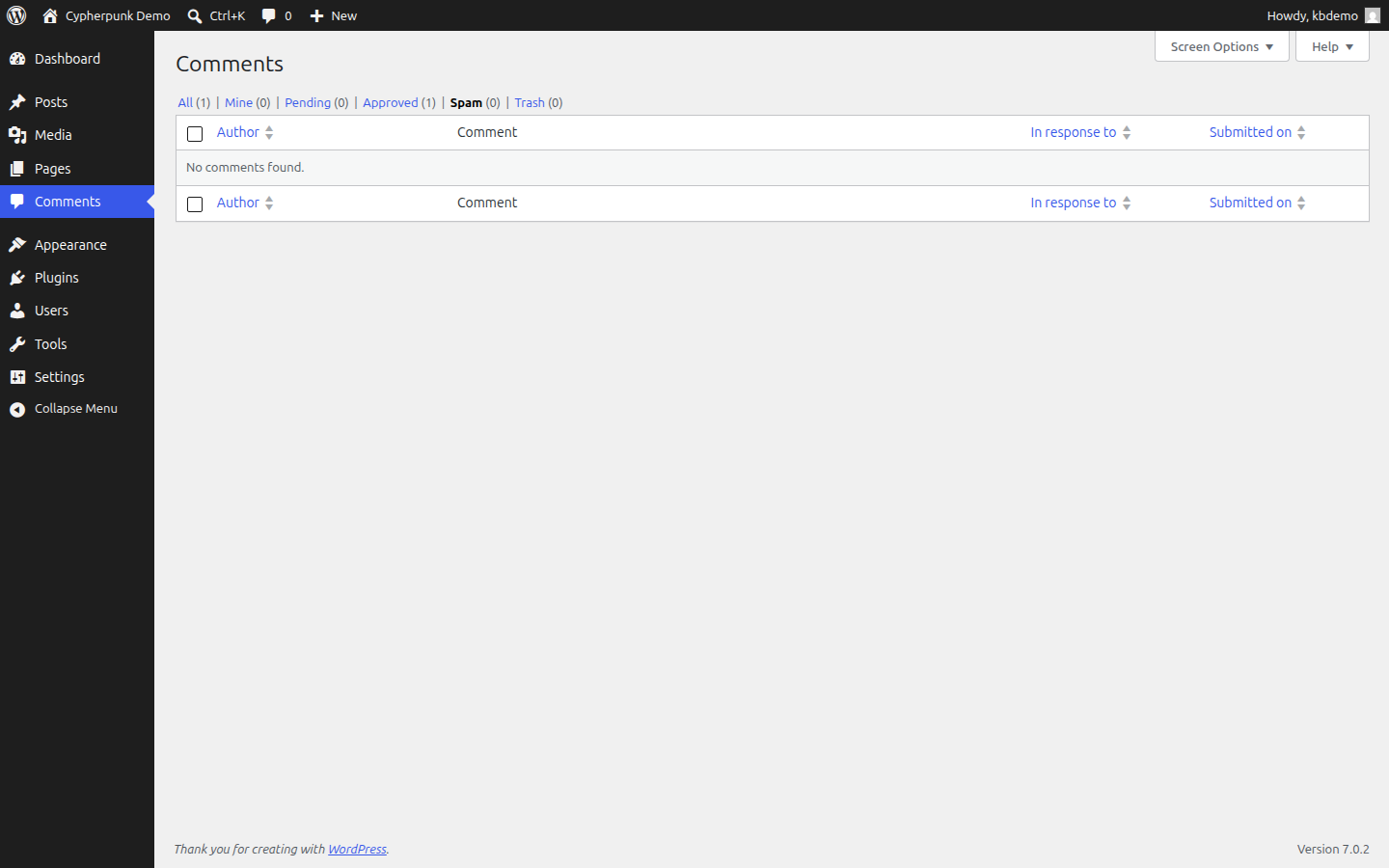 The WordPress Comments screen with the Spam tab selected, showing filtered spam comments ready to be reviewed or emptied