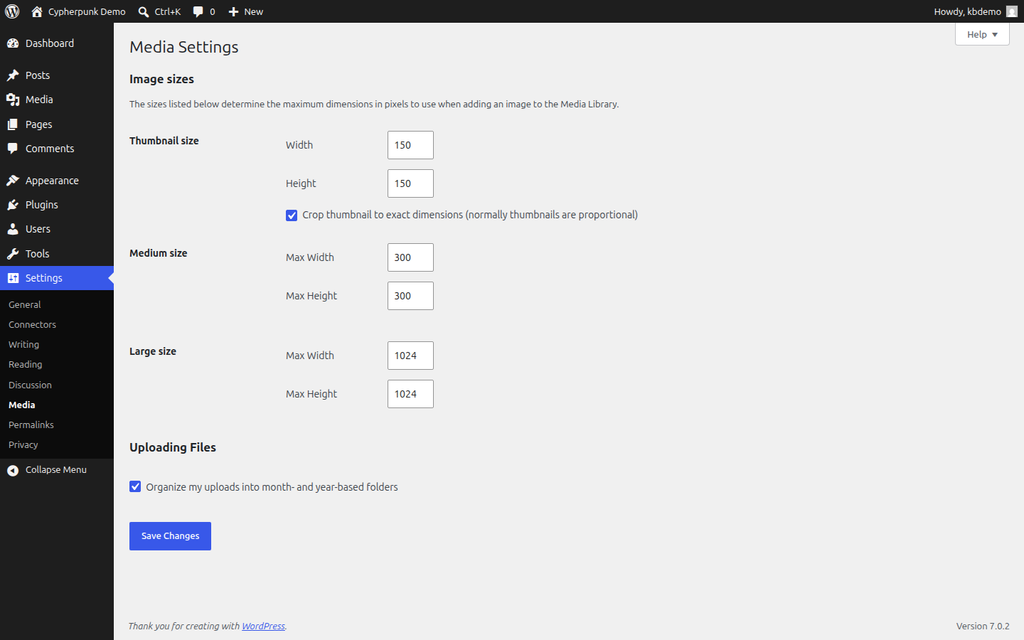 The WordPress Settings Media screen showing the Thumbnail, Medium and Large image size fields and the crop option