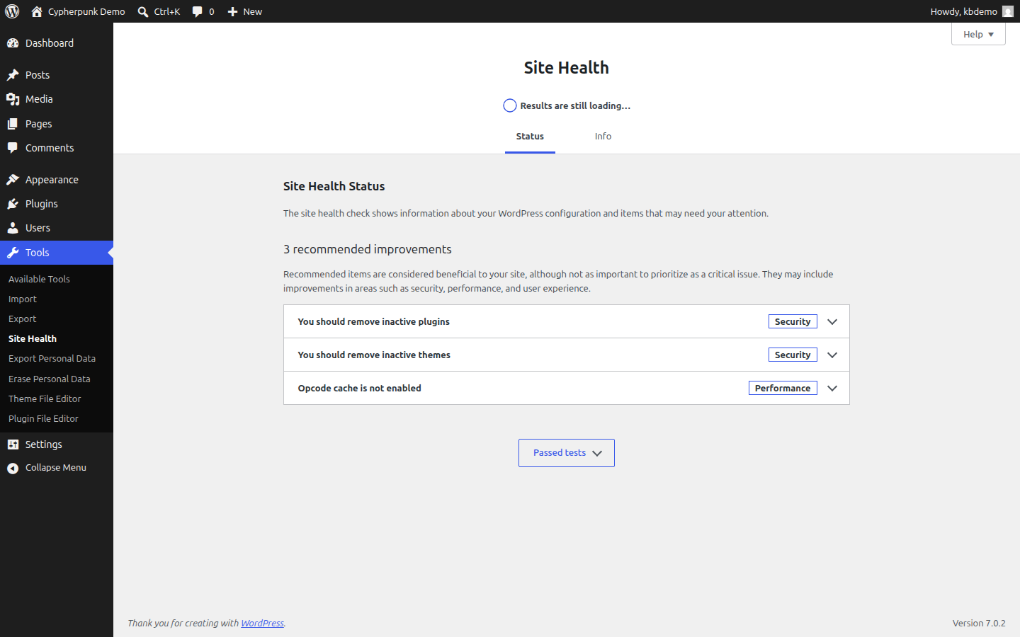 The WordPress Site Health Status screen with a recommendation under the Performance heading to use a persistent object cache