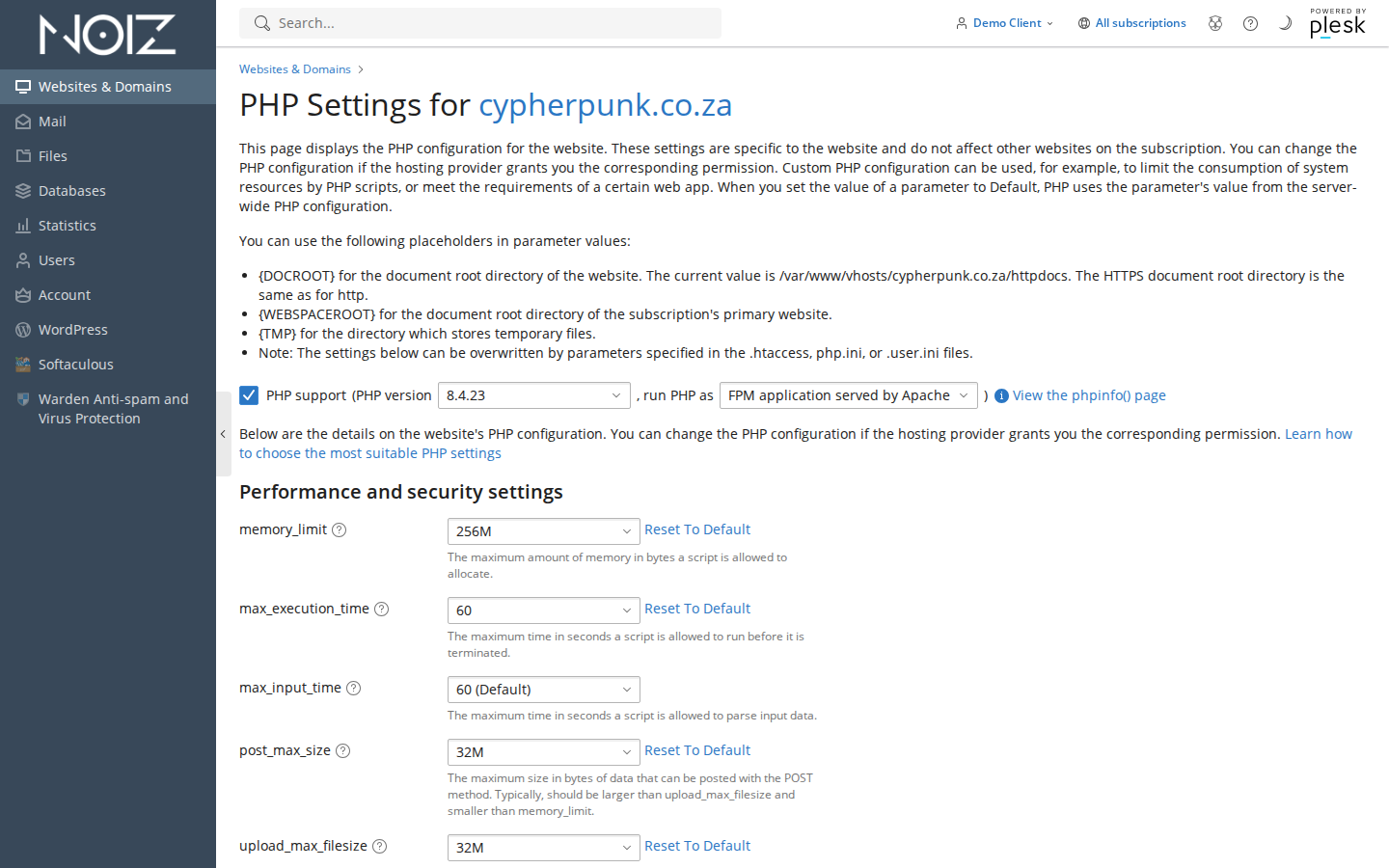 The Plesk PHP Settings page for a domain with the Additional configuration directives text box highlighted, ready to accept an upload_tmp_dir line