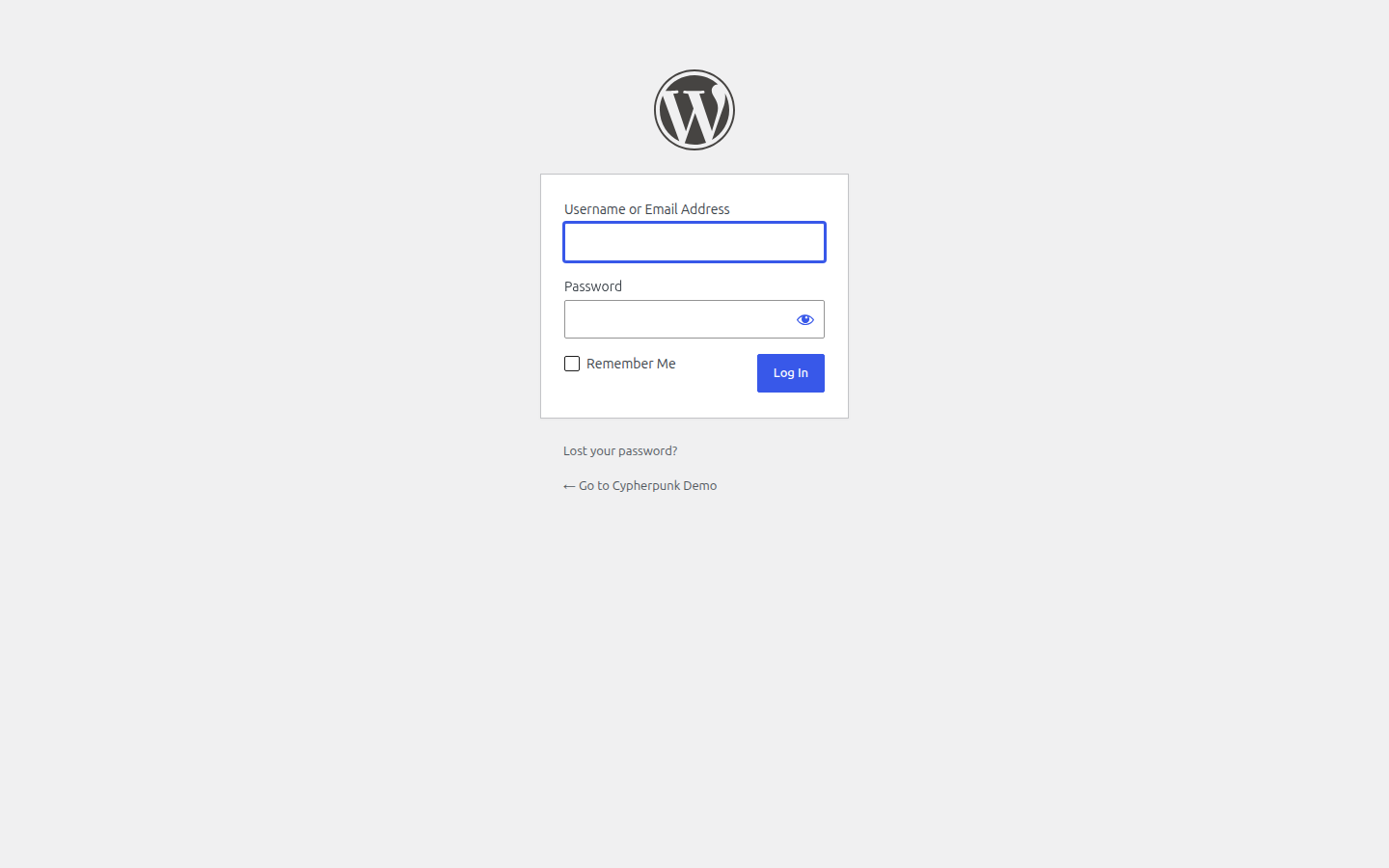 The default WordPress login screen served at wp-login.php, showing the Username or Email Address field, the Password field, a Remember Me checkbox, the Log In button and a Lost your password link below