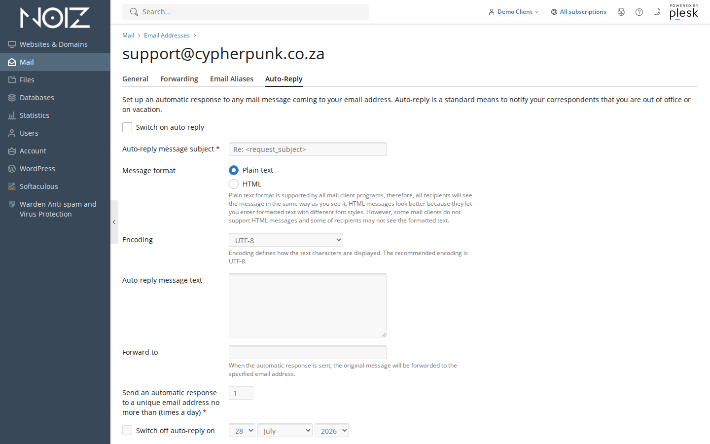 The Auto-Reply tab of a mailbox in Plesk with the Switch on auto-reply box ticked, showing the message subject field, the message format selector and the message text box