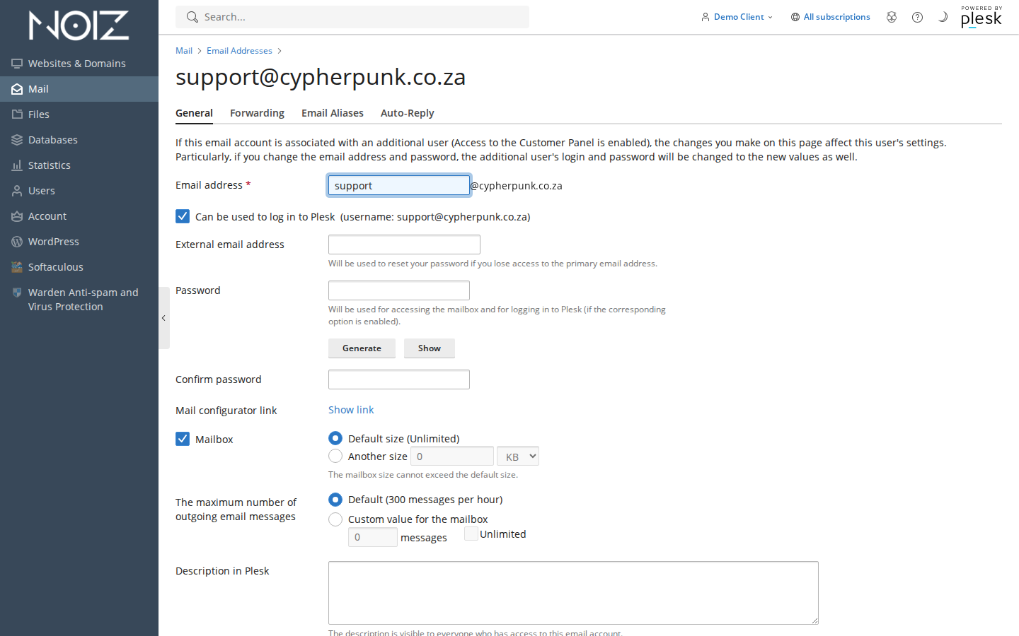 The Mail page in Plesk showing the list of mailboxes on the subscription with one email address about to be clicked to open its settings