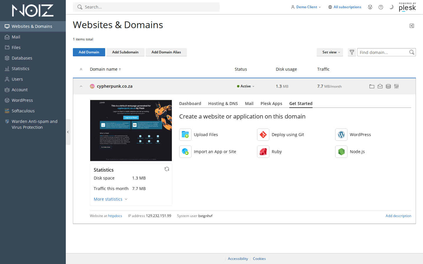 The Plesk left-hand navigation menu with the Applications entry highlighted, sitting beneath Websites and Domains, Mail and Databases