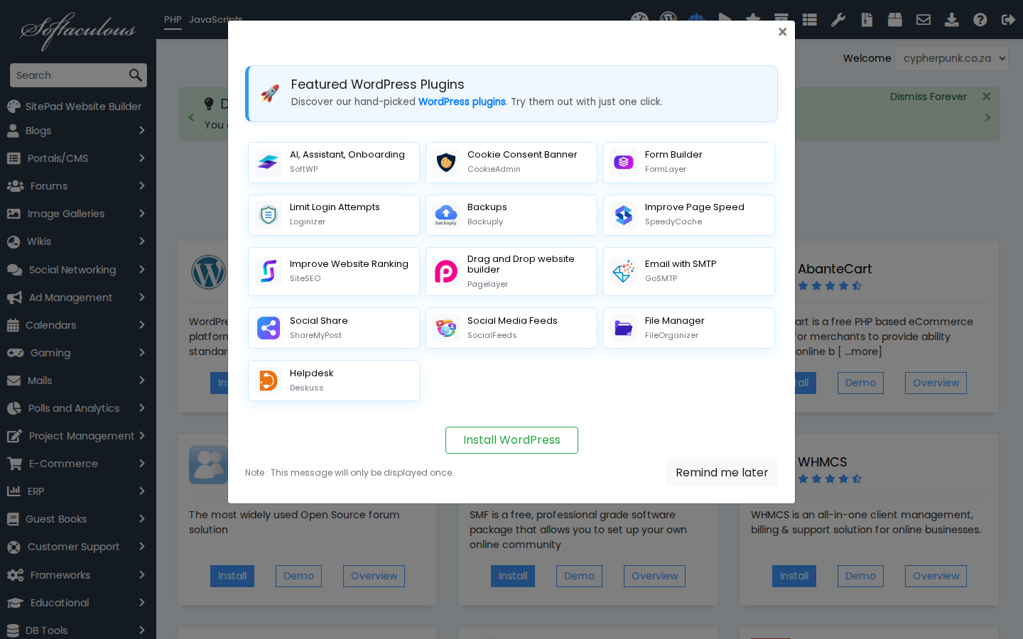 The Softaculous front page loaded inside Plesk, showing application categories on the left and the most popular installers as tiles