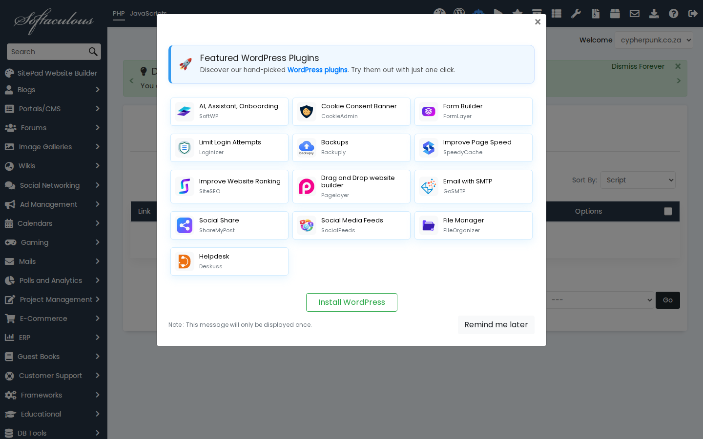 The Softaculous Installations view inside Plesk listing the applications already installed under a subscription, with their domains and versions