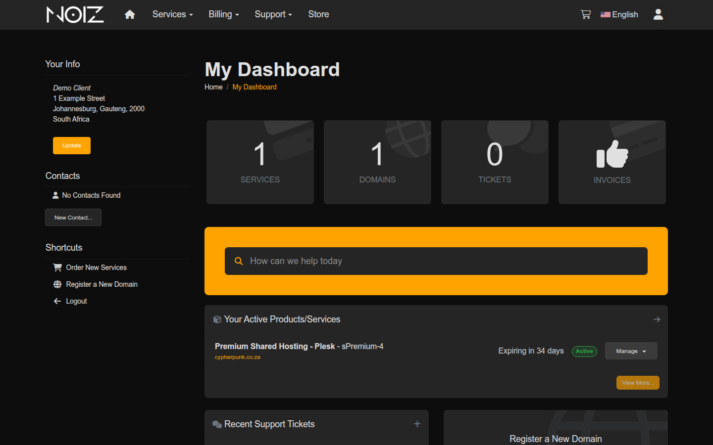 The Noiz Client Area dashboard with the Services tile and the Services dropdown in the top navigation