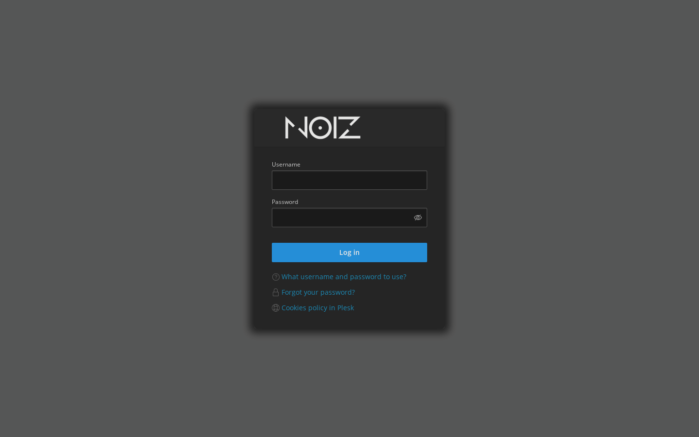 The Noiz-branded Plesk sign-in screen with Username and Password fields, the Log in button, and the What username and password to use and Forgot your password links
