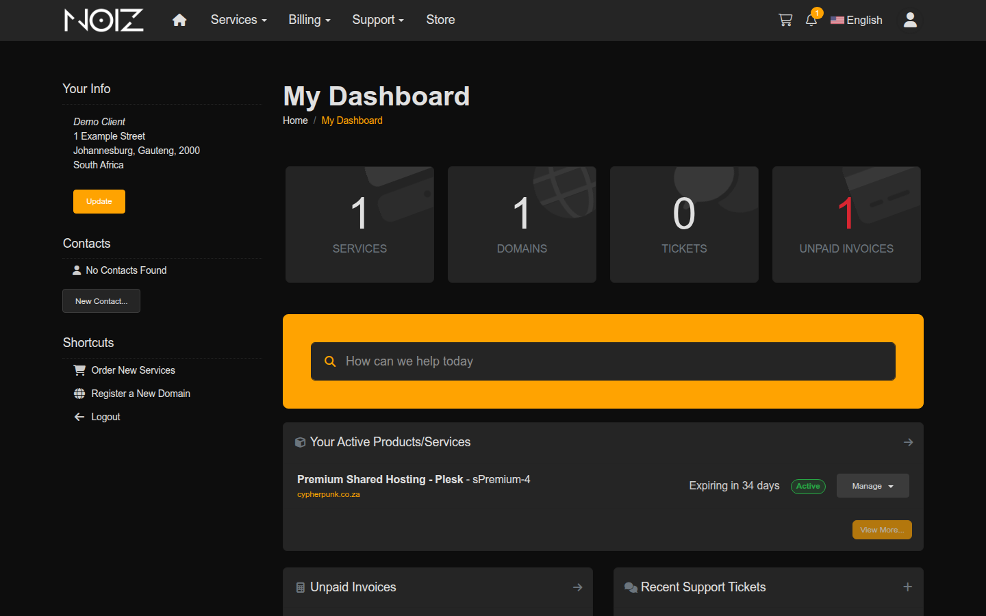 The Noiz client area dashboard after signing in, showing the account overview and the Billing menu
