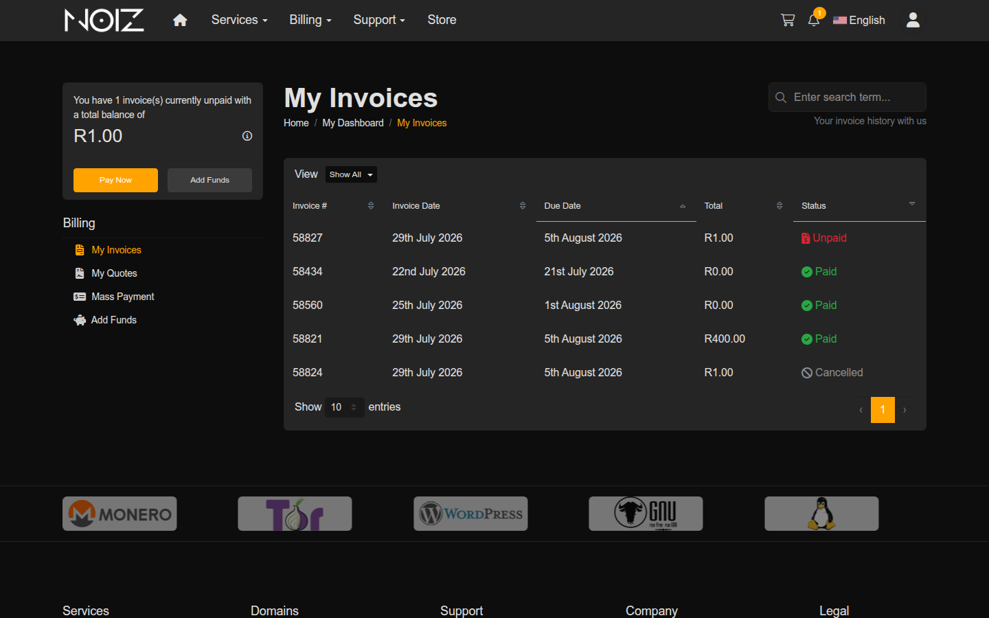 The My Invoices page listing invoices with their invoice number, dates, total and status