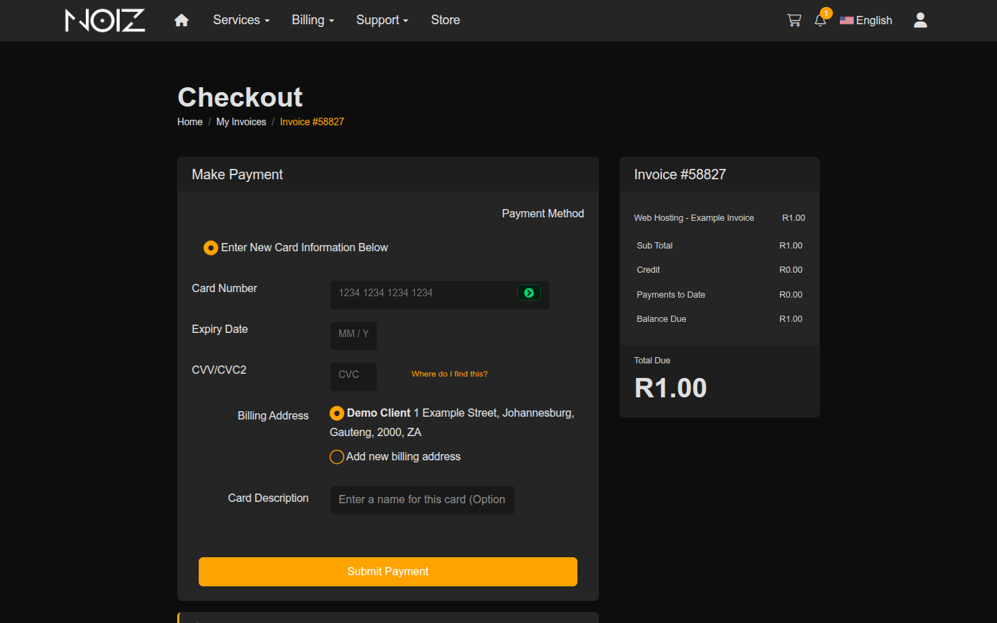 The checkout screen with fields for card number, expiry date and CVV, the billing address, and a Submit Payment button