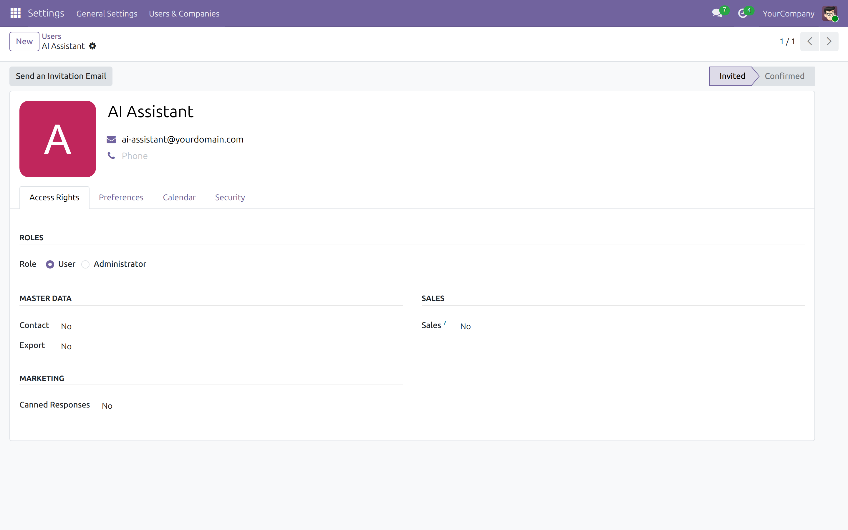 The Access Rights tab of a dedicated AI Assistant user in Odoo 19 Settings, with the role set to User rather than Administrator and application access left at No