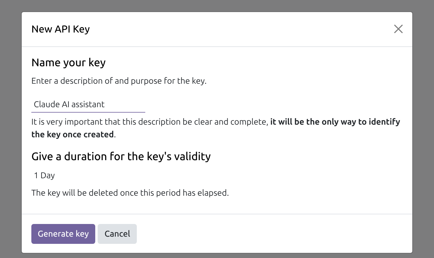The New API Key dialog in Odoo 19, opened from Add API Key on the preferences Security tab, showing the description field filled in and the key-validity duration field
