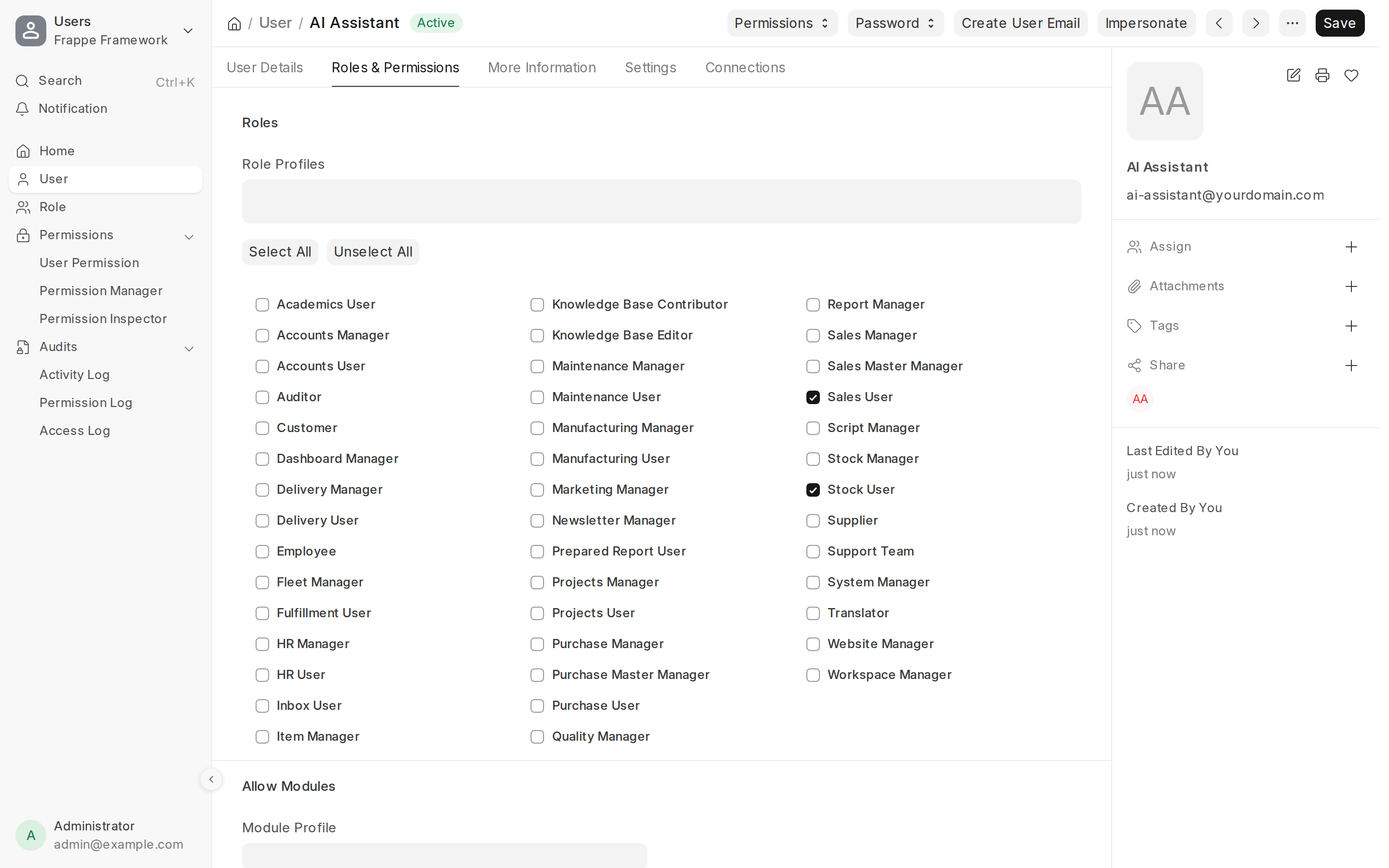 The Roles and Permissions tab of a dedicated AI Assistant user in ERPNext, with only Sales User and Stock User ticked and System Manager left unchecked