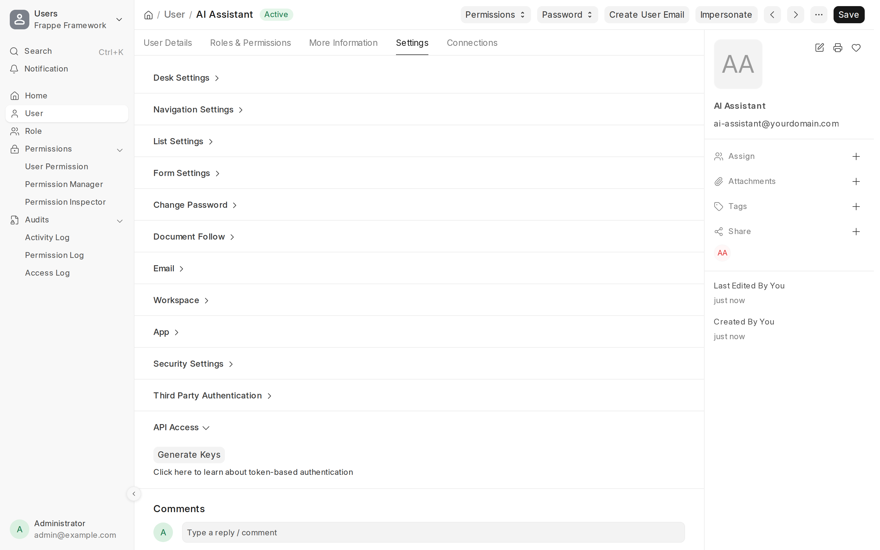 The API Access section on the Settings tab of a User record in ERPNext, with the Generate Keys button used to create the API key and secret for the AI assistant