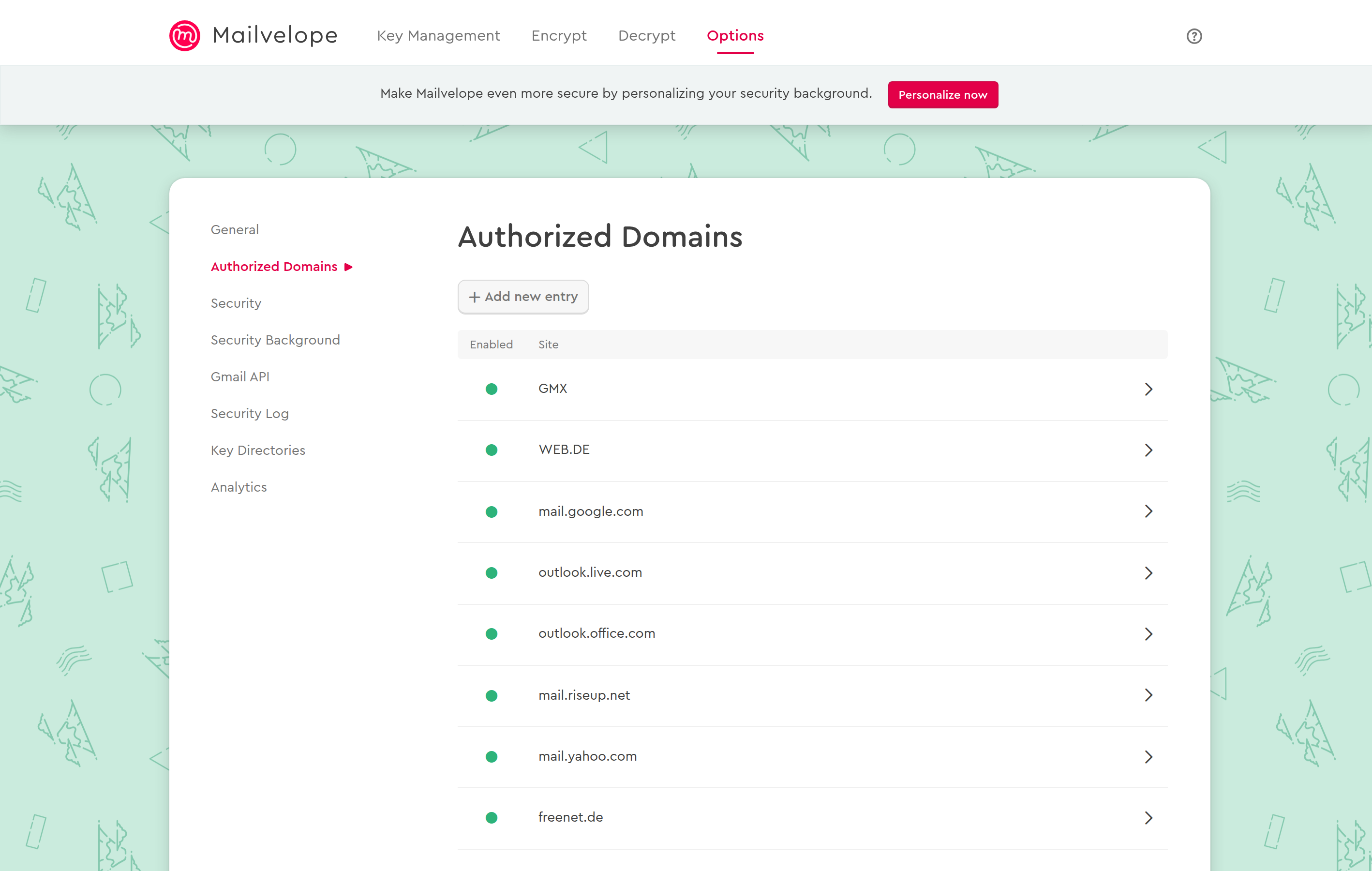 Mailvelope’s Authorized Domains settings, listing the webmail providers it recognises out of the box and the Add new entry button used to authorise your own webmail