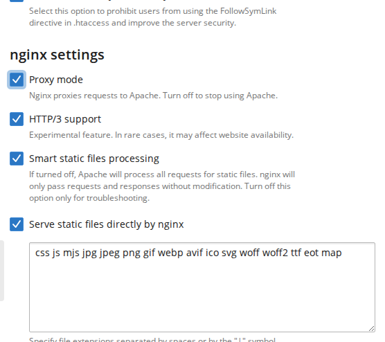 The nginx settings section of the Plesk Apache and nginx Settings page, with Proxy mode and Serve static files directly by nginx both ticked and the file extensions box holding an assets-only list