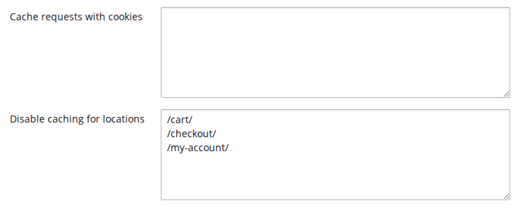 The Plesk caching fields with Cache requests with cookies left empty and Disable caching for locations listing the cart, checkout and my-account paths one per line