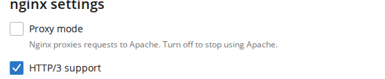 The nginx settings section of the Plesk Apache and nginx Settings page with the Proxy mode checkbox cleared, above Plesk’s caption reading Nginx proxies requests to Apache, turn off to stop using Apache