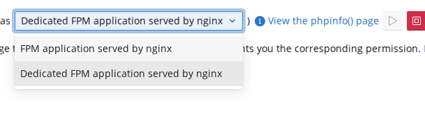 The PHP Handler dropdown open on an nginx-only site in Plesk, offering only FPM application served by nginx and Dedicated FPM application served by nginx