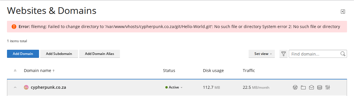 The red error banner at the top of the Plesk Websites and Domains page, reading Error: filemng: Failed to change directory, followed by the full path to the missing repository folder and No such file or directory