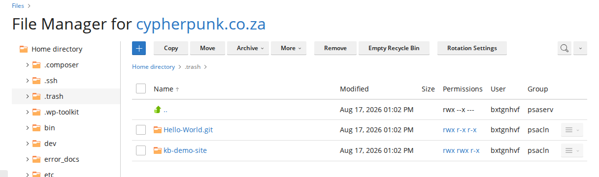 The Plesk File Manager open on the .trash folder, showing a deleted repository folder and a deleted site folder with their modification dates, and the Empty Recycle Bin control in the toolbar