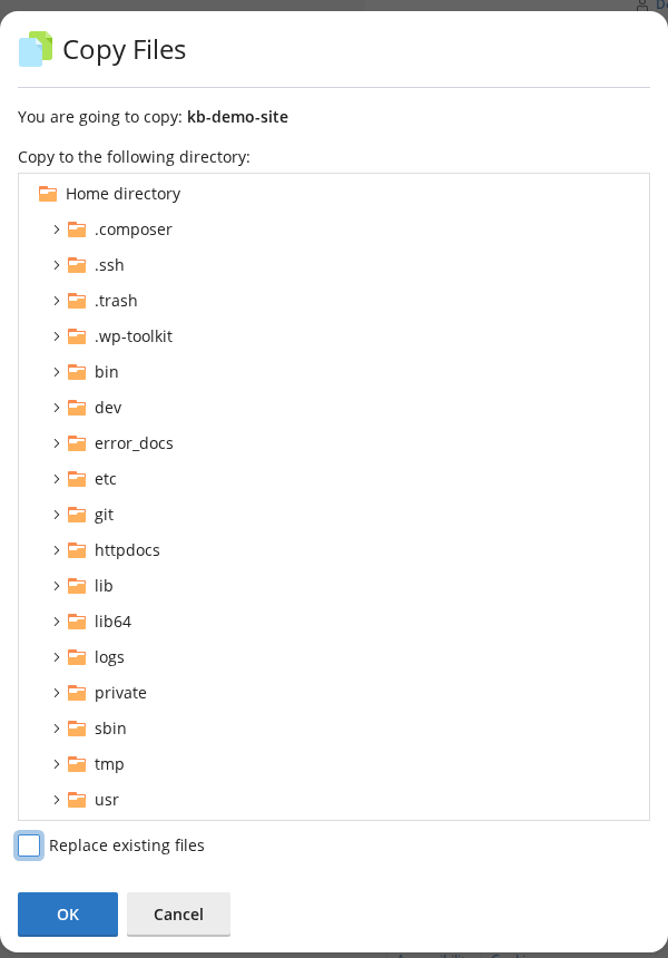 The Plesk Copy Files dialog with a directory tree for choosing the destination, a Replace existing files tick box, and OK and Cancel buttons