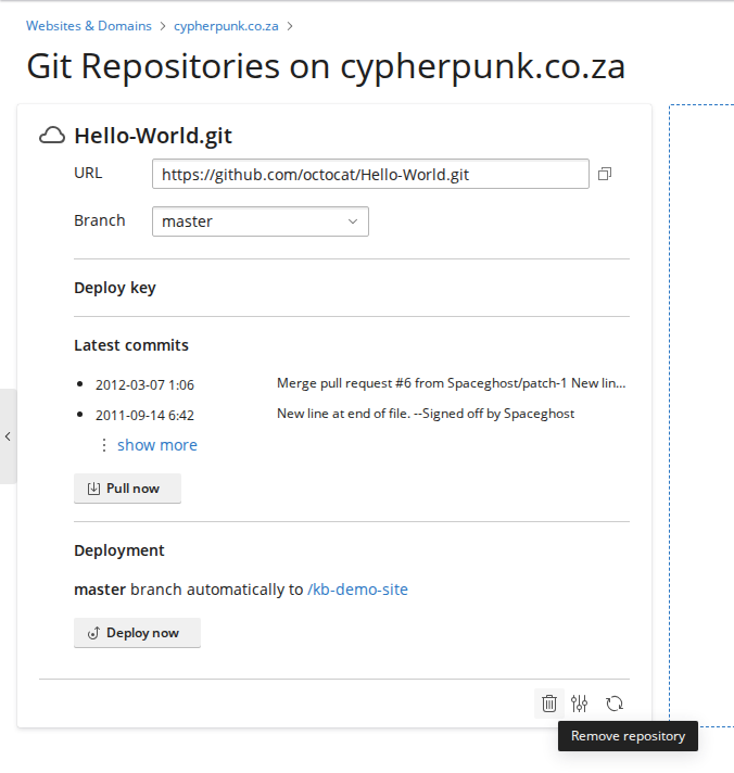 A healthy repository card on the Plesk Git page showing the branch, latest commits and deployment settings, with the pointer over the bin icon and its tooltip reading Remove repository