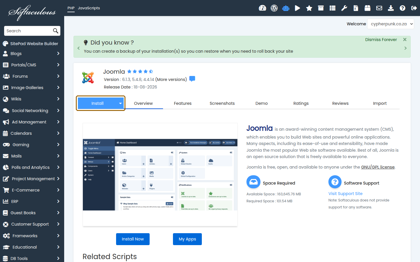 Joomla overview page in Softaculous with the blue Install button highlighted