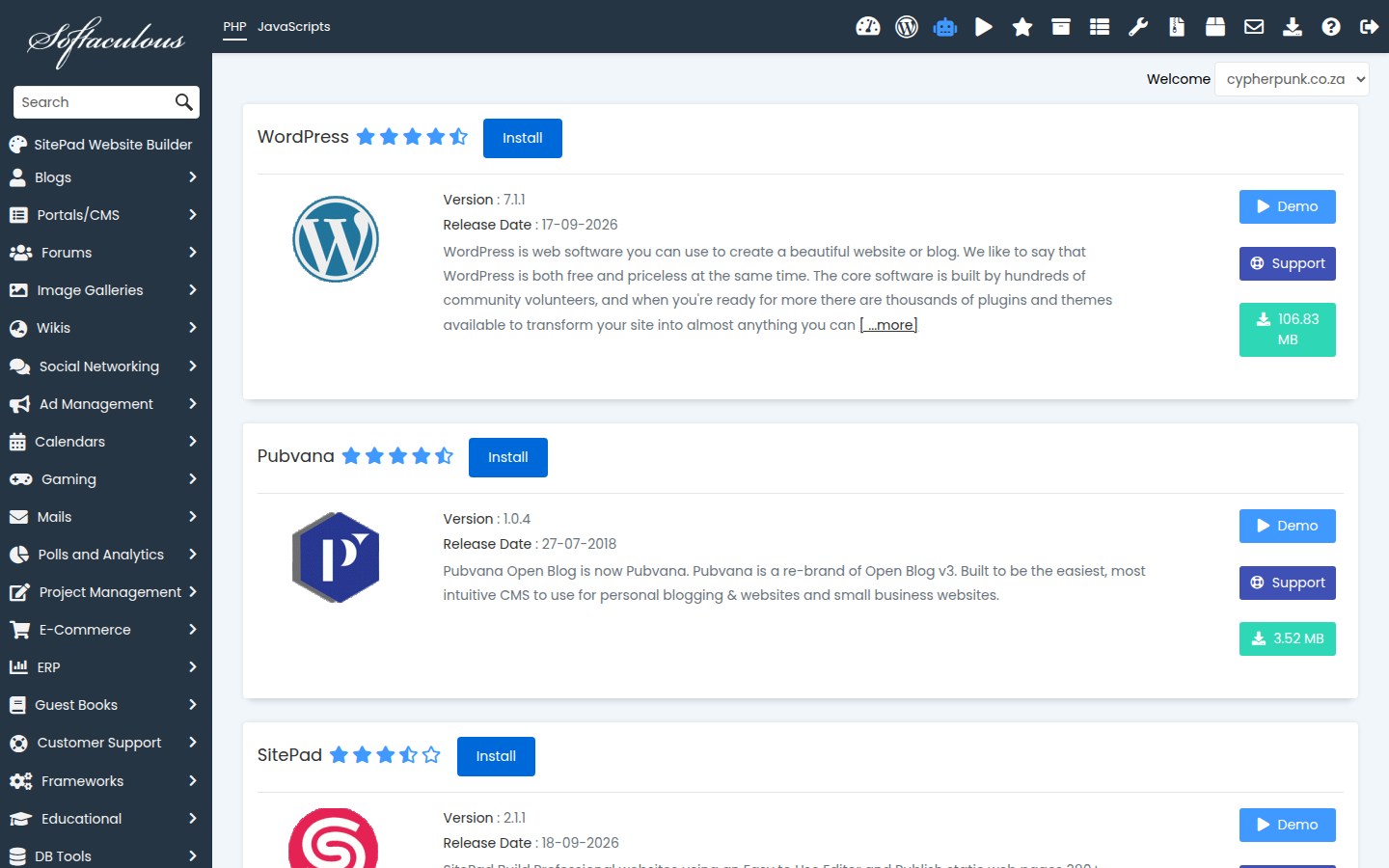 The Softaculous application library showing web applications grouped by category, with WordPress and other popular scripts listed
