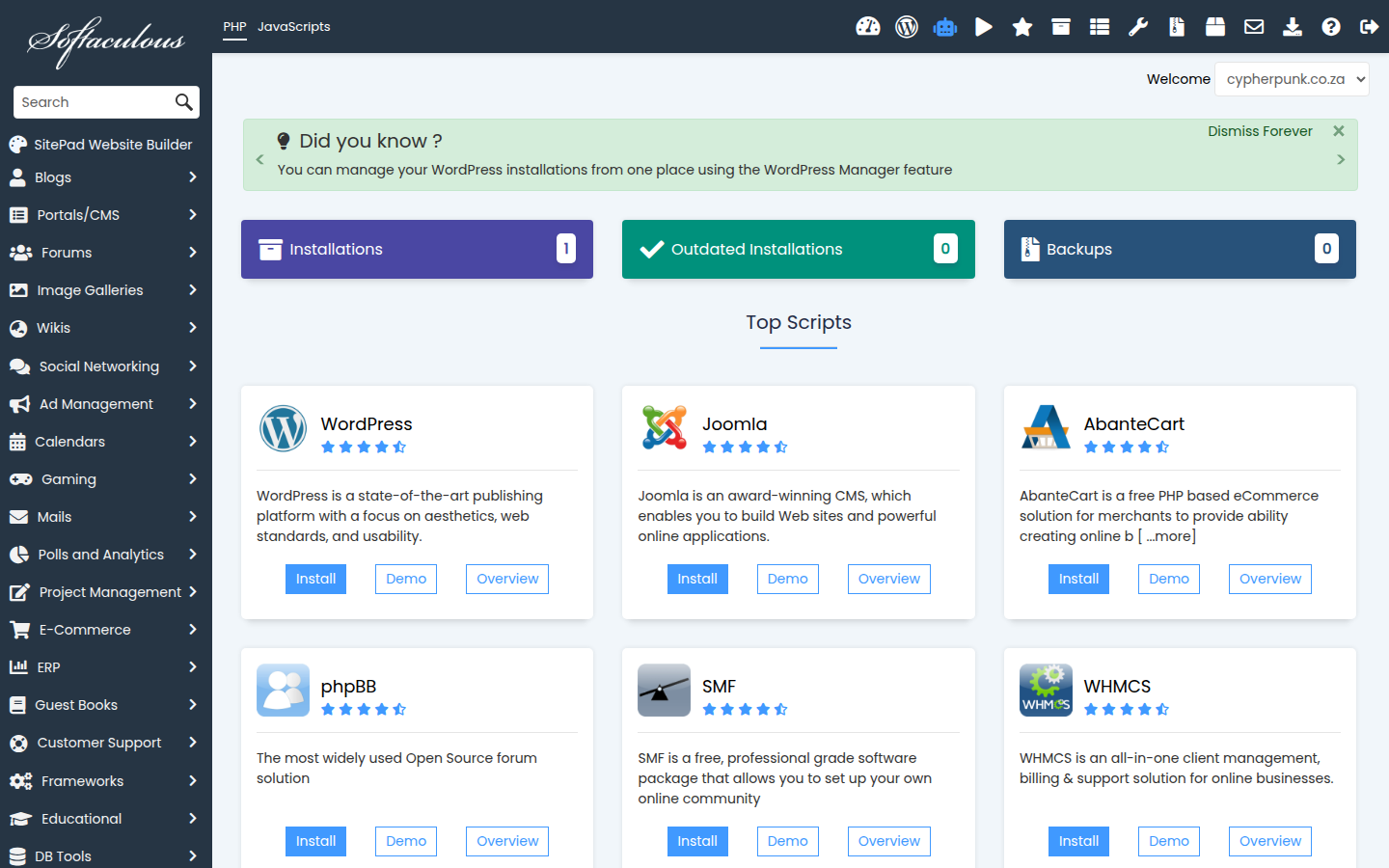 The Softaculous front page opened from a Plesk subscription, showing application categories on the left and the most popular installers as tiles