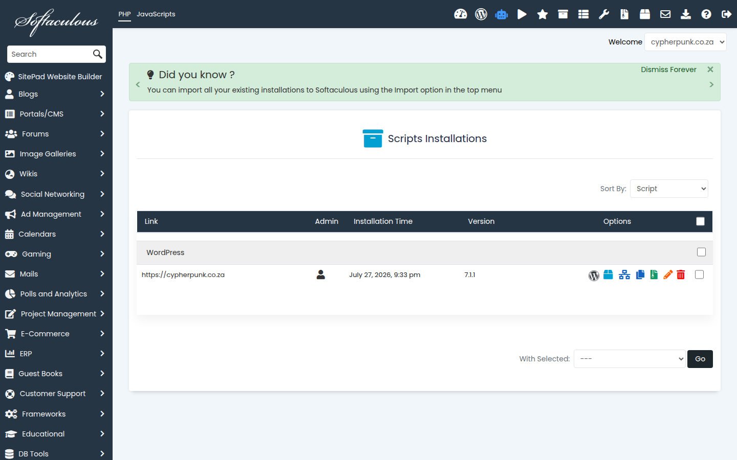 The Softaculous Installations view opened from Plesk, listing the applications already installed under a subscription, with their domains and versions