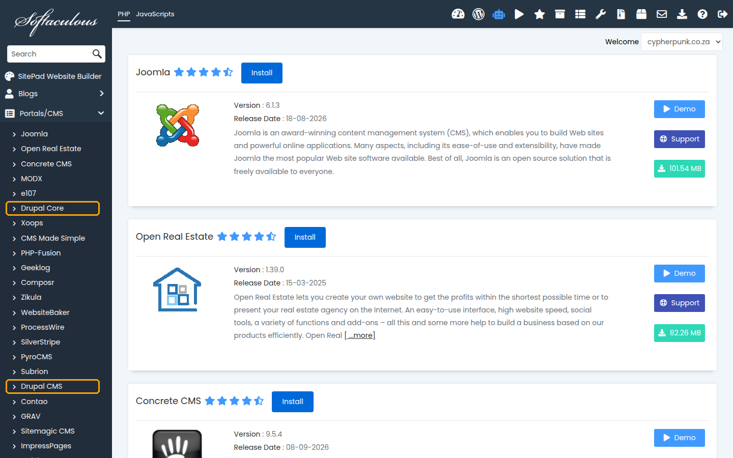 The Softaculous Portals/CMS category, with Drupal Core and Drupal CMS highlighted in the expanded category list on the left
