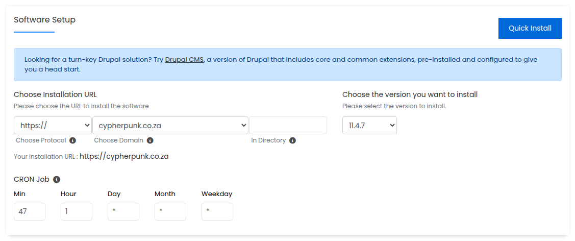 Softaculous Drupal installation form showing the Software Setup section with version, installation URL and directory fields