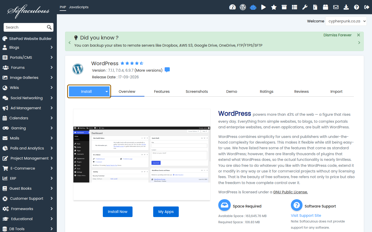 The WordPress overview page in Softaculous with the Install button highlighted