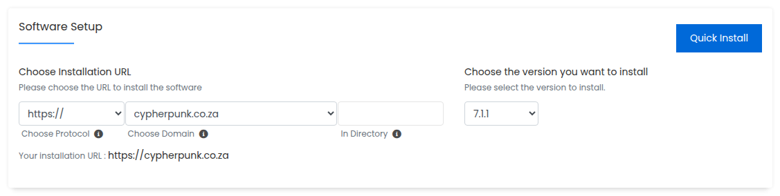 The Software Setup section of the Softaculous WordPress installation form showing the Choose Installation URL, In Directory, and version fields