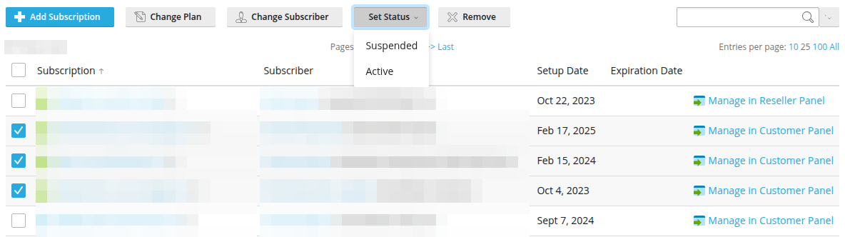 The Plesk Subscriptions list with several rows ticked and the Set Status menu open showing Suspended and Active, with customer names and domains pixelated