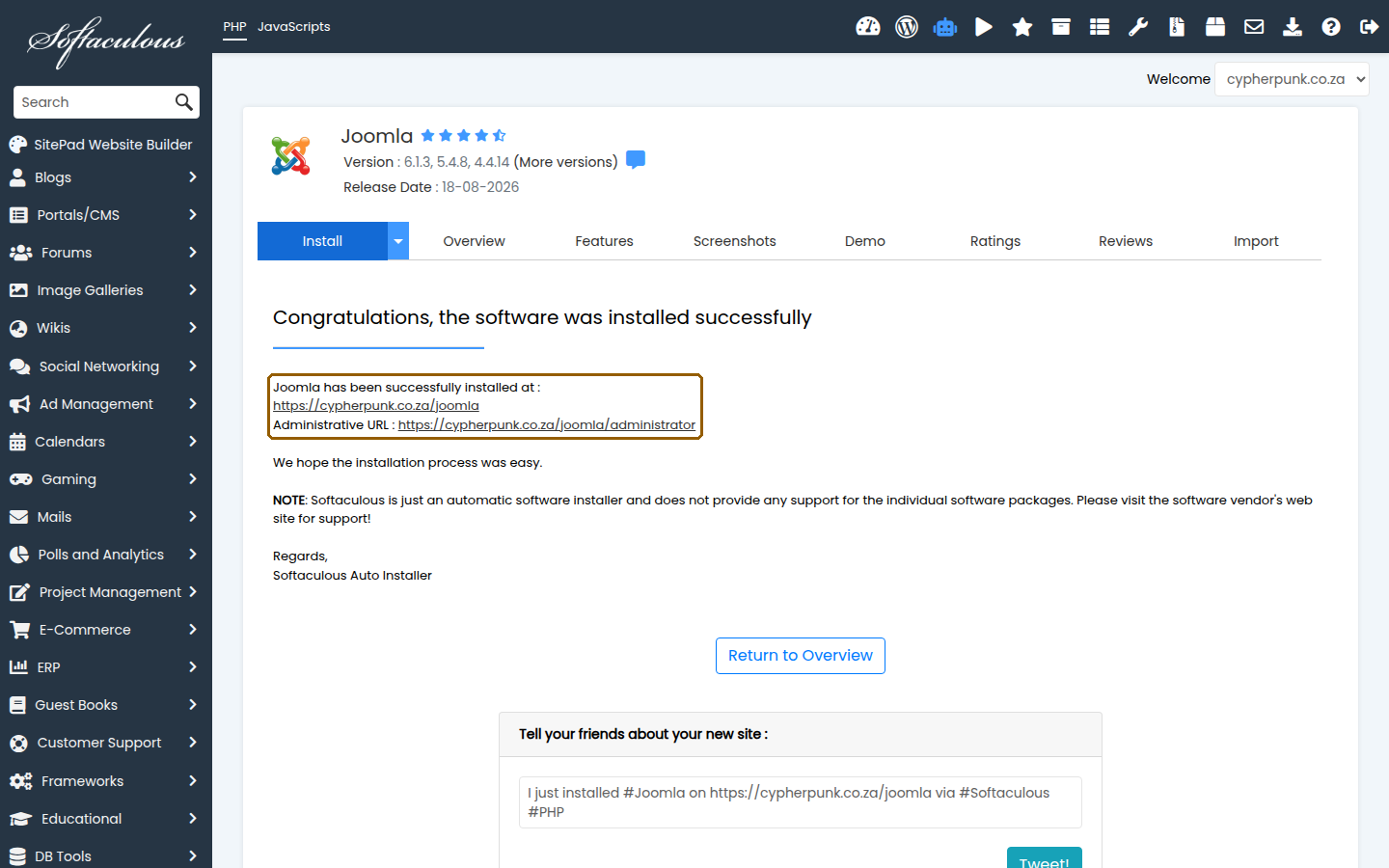 Softaculous success screen after installing Joomla, showing the site URL and the administrator URL
