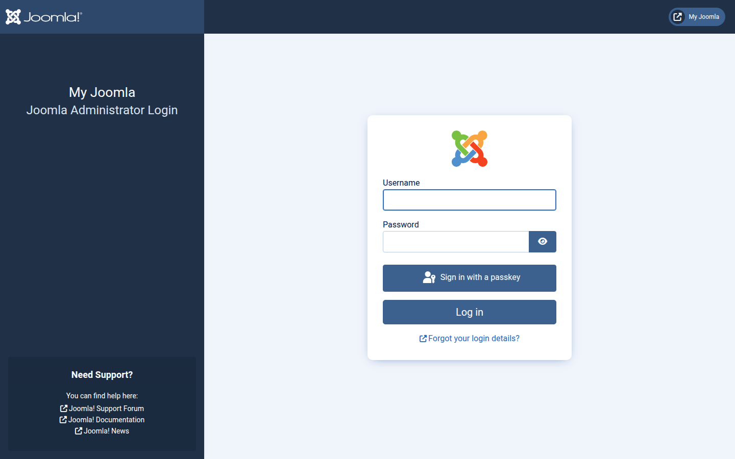 Joomla administrator login page asking for the admin username and password