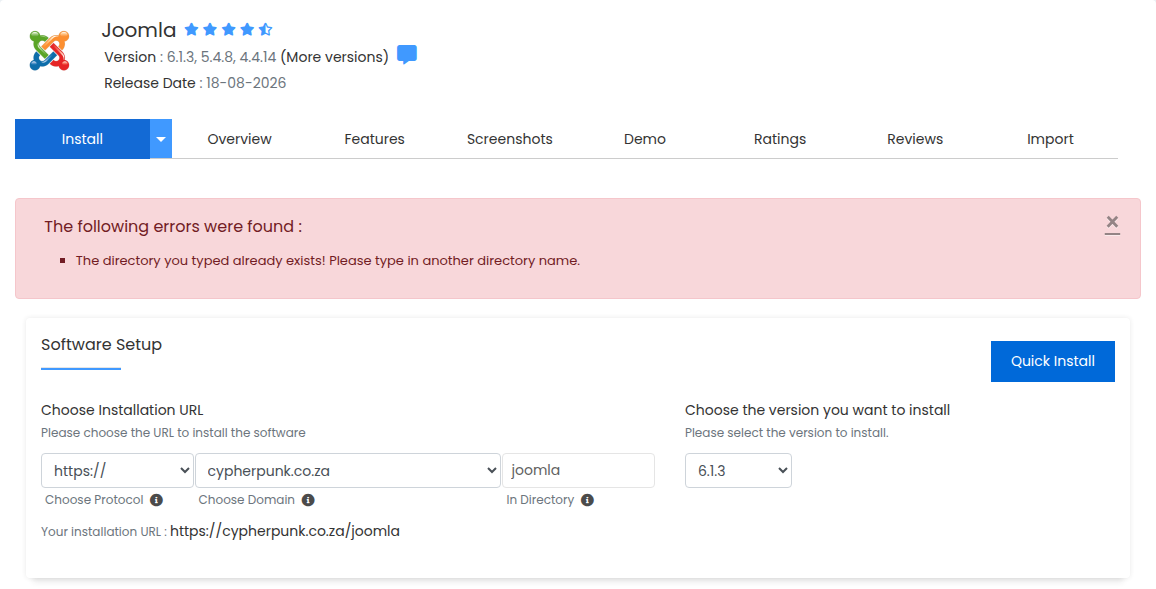 The Softaculous installation form with a red banner headed The following errors were found, reporting that the directory you typed already exists