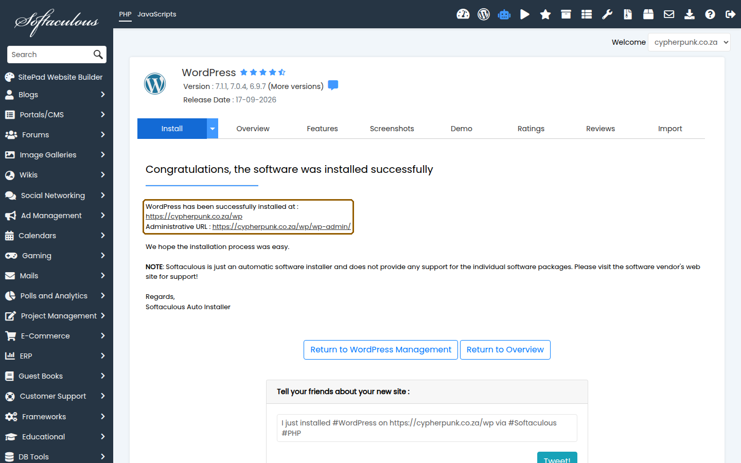 The Softaculous success screen after installing WordPress showing links to the new website and its admin area