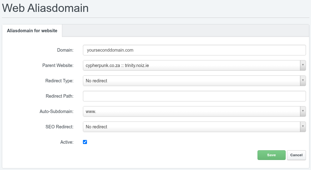The Web Aliasdomain form in ISPConfig with an example domain entered, the Parent Website selected, Redirect Type and SEO Redirect set to No redirect, an empty Redirect Path, Auto-Subdomain set to www. and Active ticked