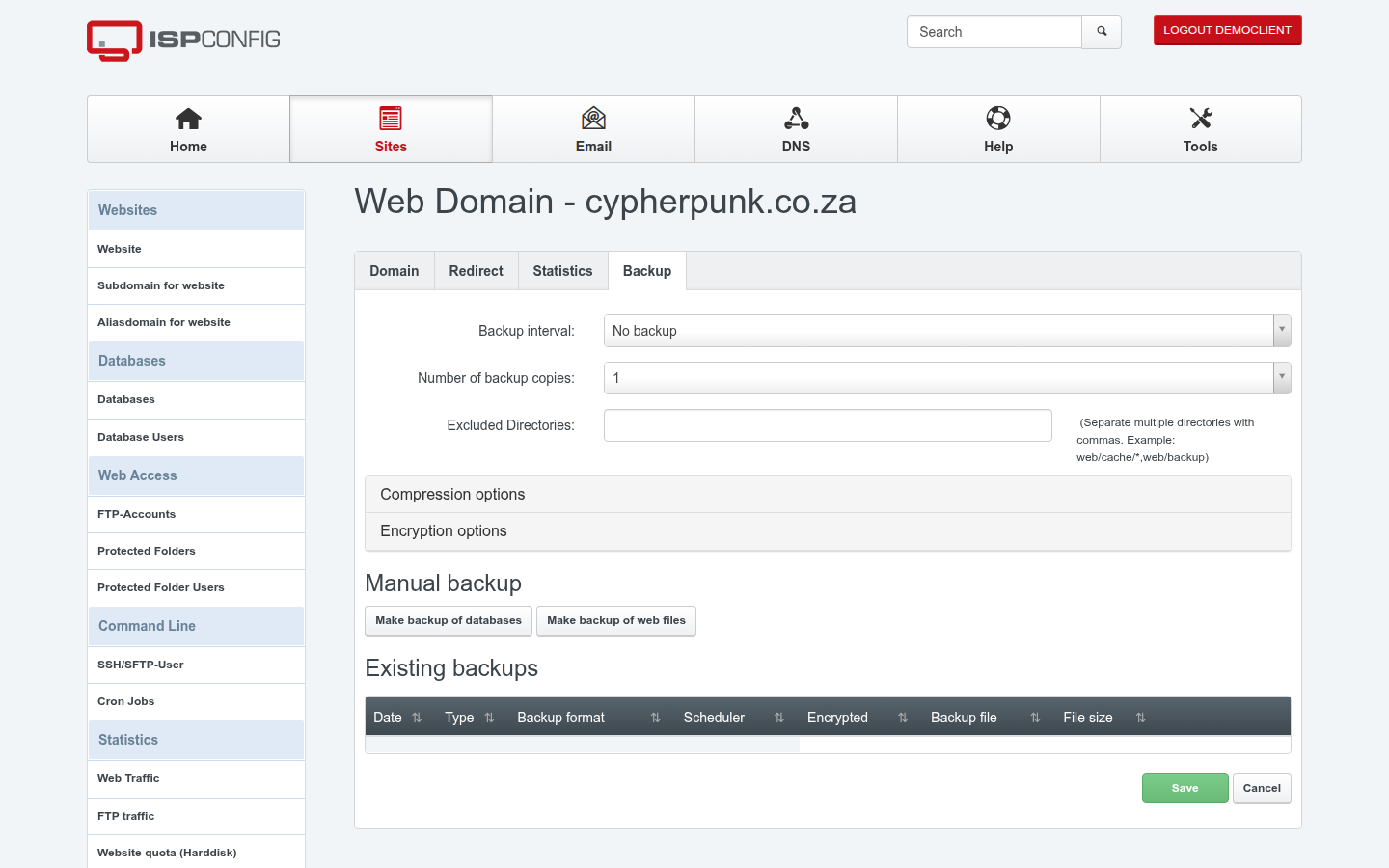 The Backup tab of a website in the ISPConfig Sites module, showing Backup interval, Number of backup copies and Excluded Directories