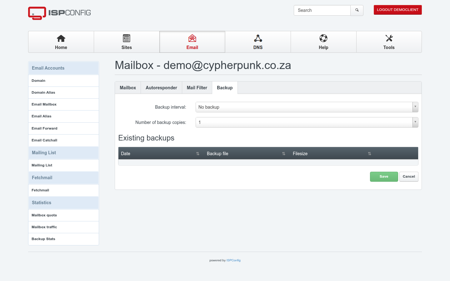 The Backup tab of a mailbox in the ISPConfig Email module, showing the Backup interval and Number of backup copies drop-downs