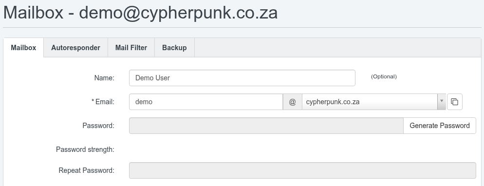 The ISPConfig Email Mailbox edit form showing the empty Password and Repeat Password fields with the Password strength field and the Generate Password button