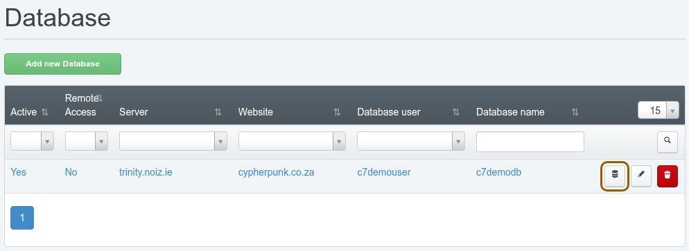 ISPConfig database list showing the new database row with its phpMyAdmin icon