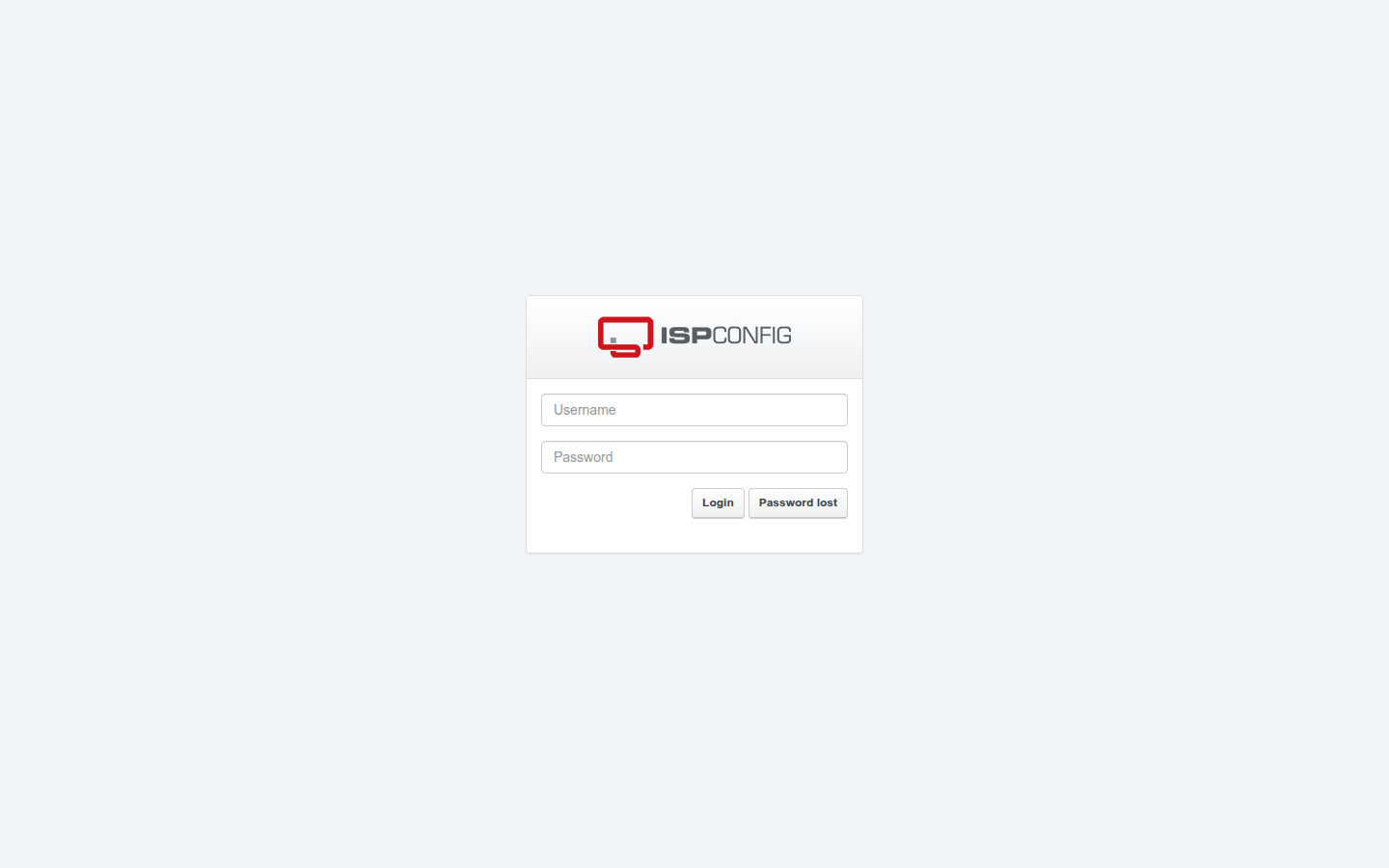 The ISPConfig login page in a web browser showing the Username and Password fields and the Login button