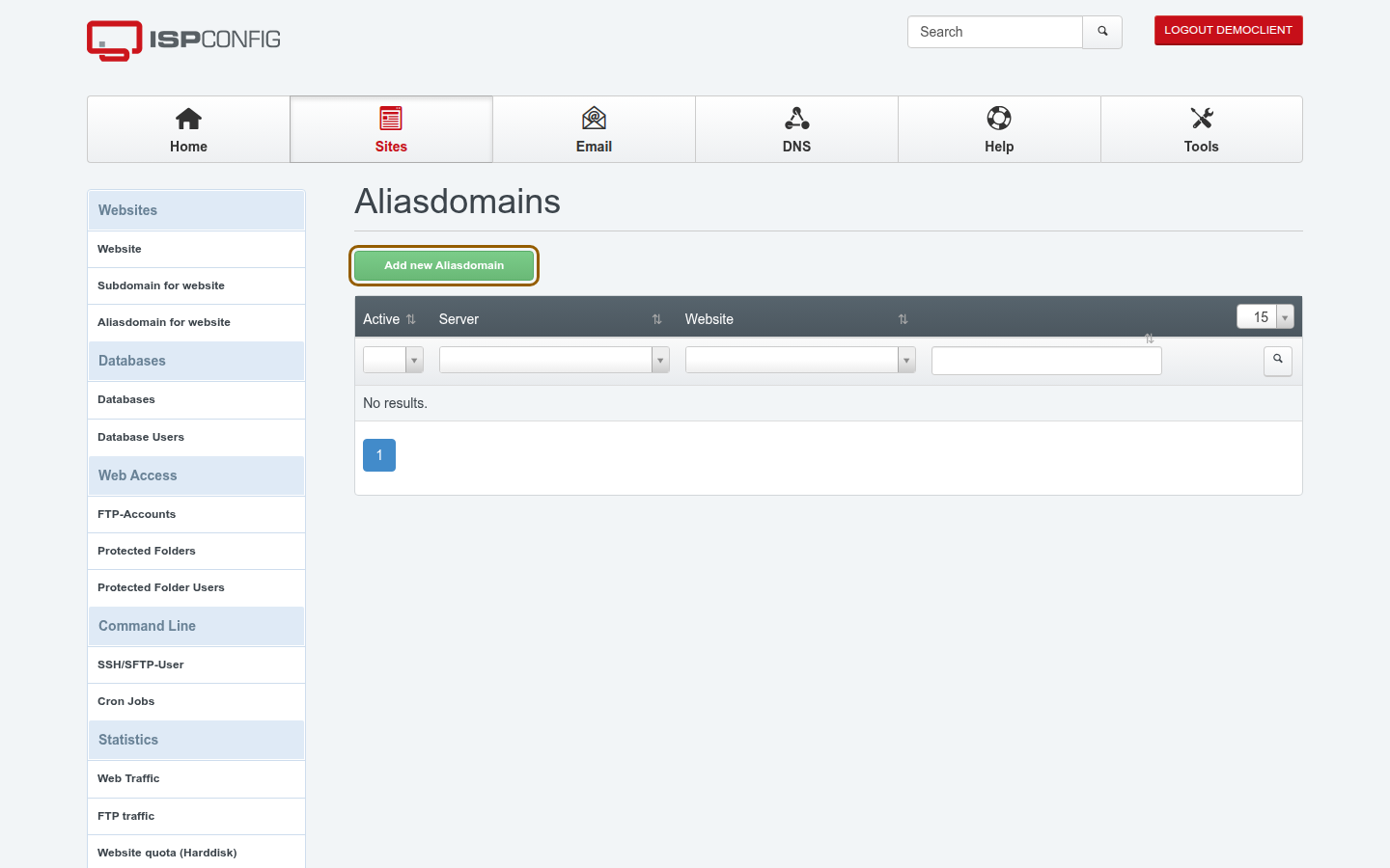 The Sites module in ISPConfig showing the Aliasdomain for website list and the Add new Aliasdomain button