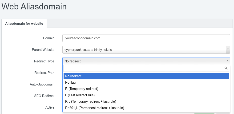 The Redirect Type drop-down on the Web Aliasdomain form expanded to show the redirect options including No redirect and R=301,L